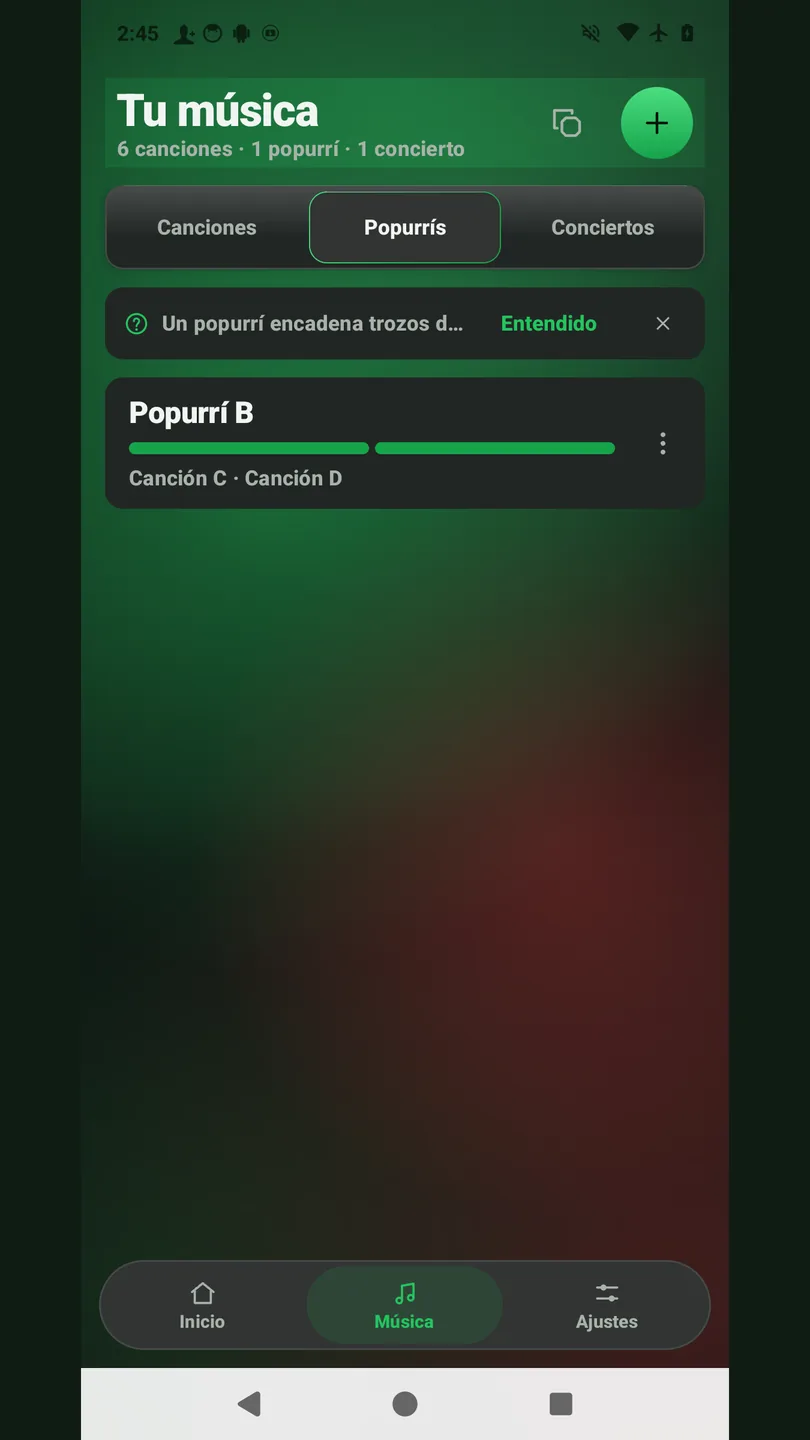 Pantalla de popurrís de ObyStructure con la lista y las canciones que encadena cada uno.